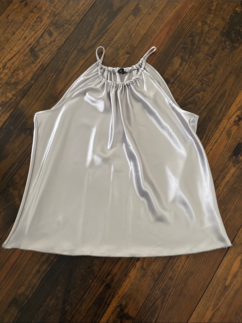 Tiana B. Silver Satin Halter Cowl Neck Tank